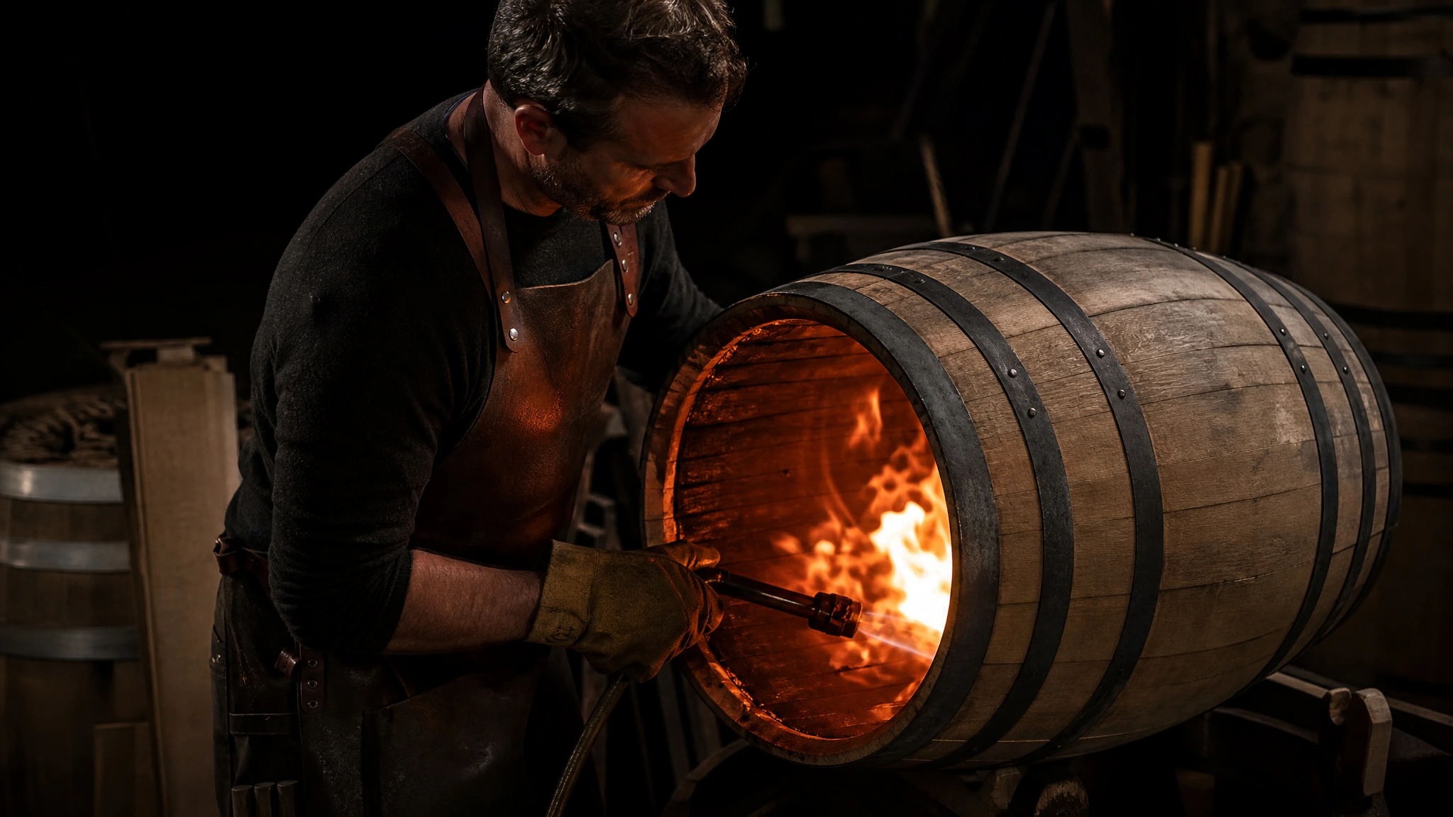 Cooper charring the inside of an oak barrel at a cooperage